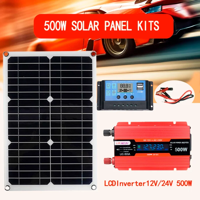 500W Solar Power Inverter 110V/220V Solar Panel System 12V Solar Plate Battery Charge Controller Complete Power Generator