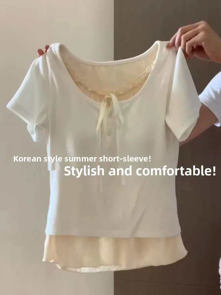 

Sweet And Spicy ortsided Fake Two-Piece ort Sve T-irt Women's Sle Summer Commute Korean Sle Slim Fit ort Lengt...