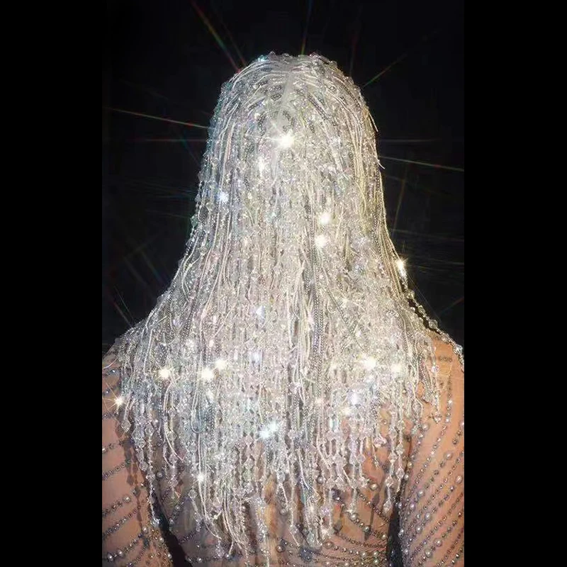 باروكات نسائية بشراشيب من الترتر الكريستالي لعروض مسرح الحفلات لملحقات شعر مستعار لامع للمطربين الراقصين