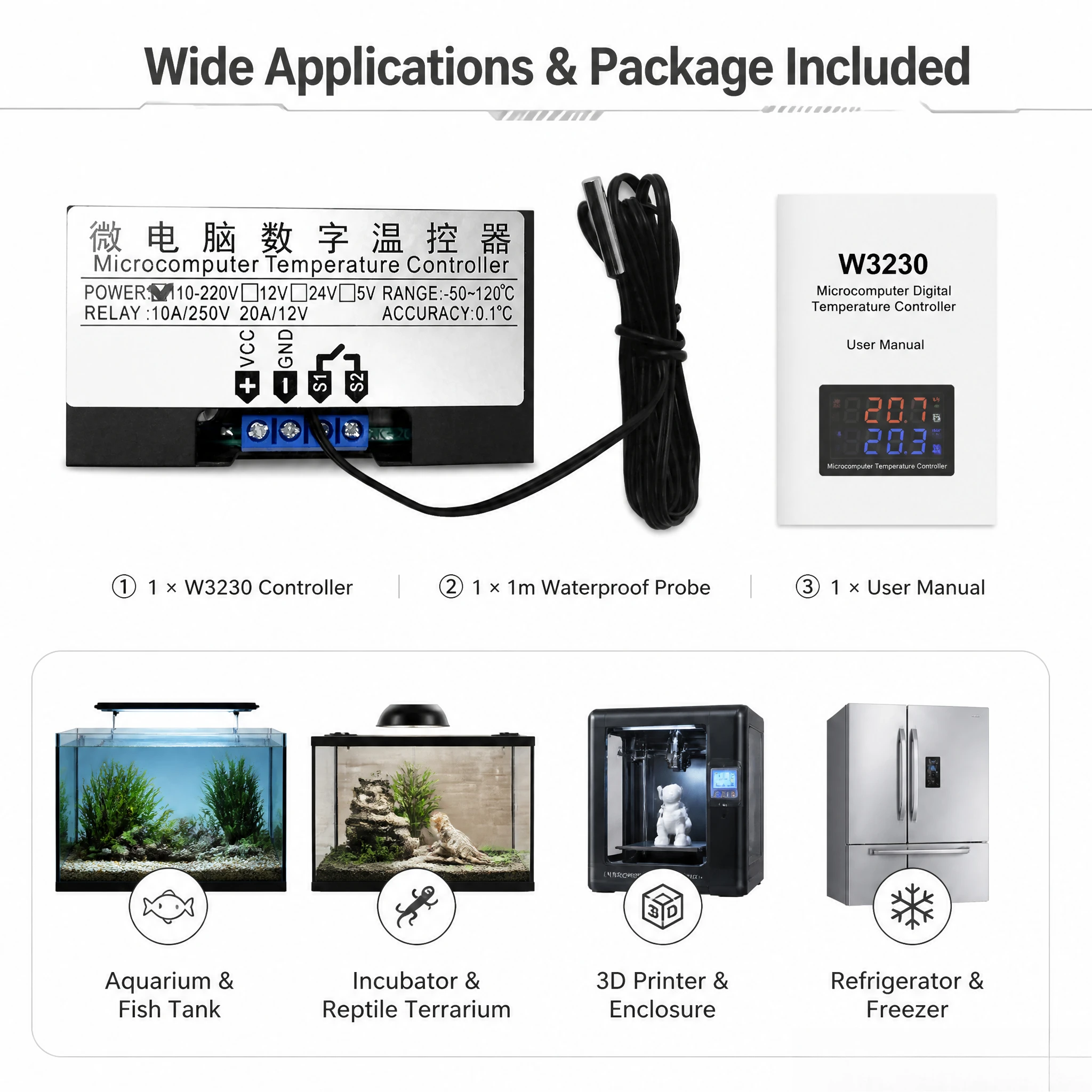 

Digital Temperature Controller 12/24V 110-220V Thermostat Switch Heating Cooling Control Module with Waterproof Sensor Probe