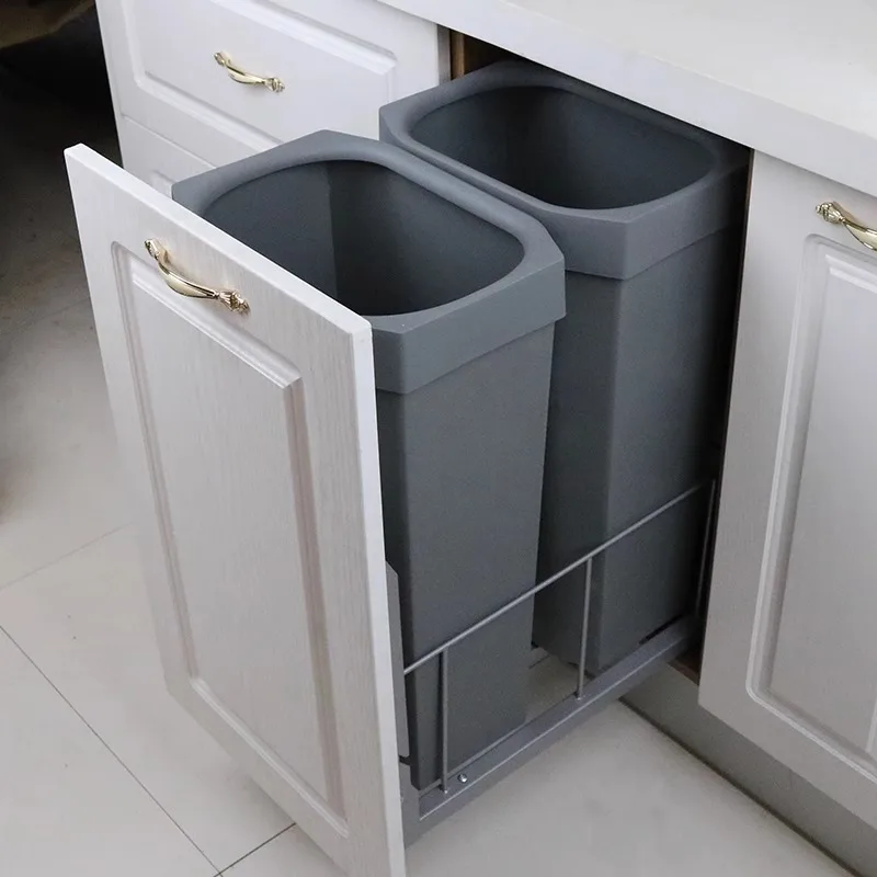 Kitchen cabinets pull-out embedded hidden door type without lid plus elevation trash can classification household buffer damping