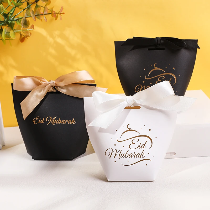 10Pcs Eid Mubarak White Black Gift Box With Ribbon Bow Candy Snack Packaging Box Ramadan Kareem Muslim Islamic Party Gift Bags