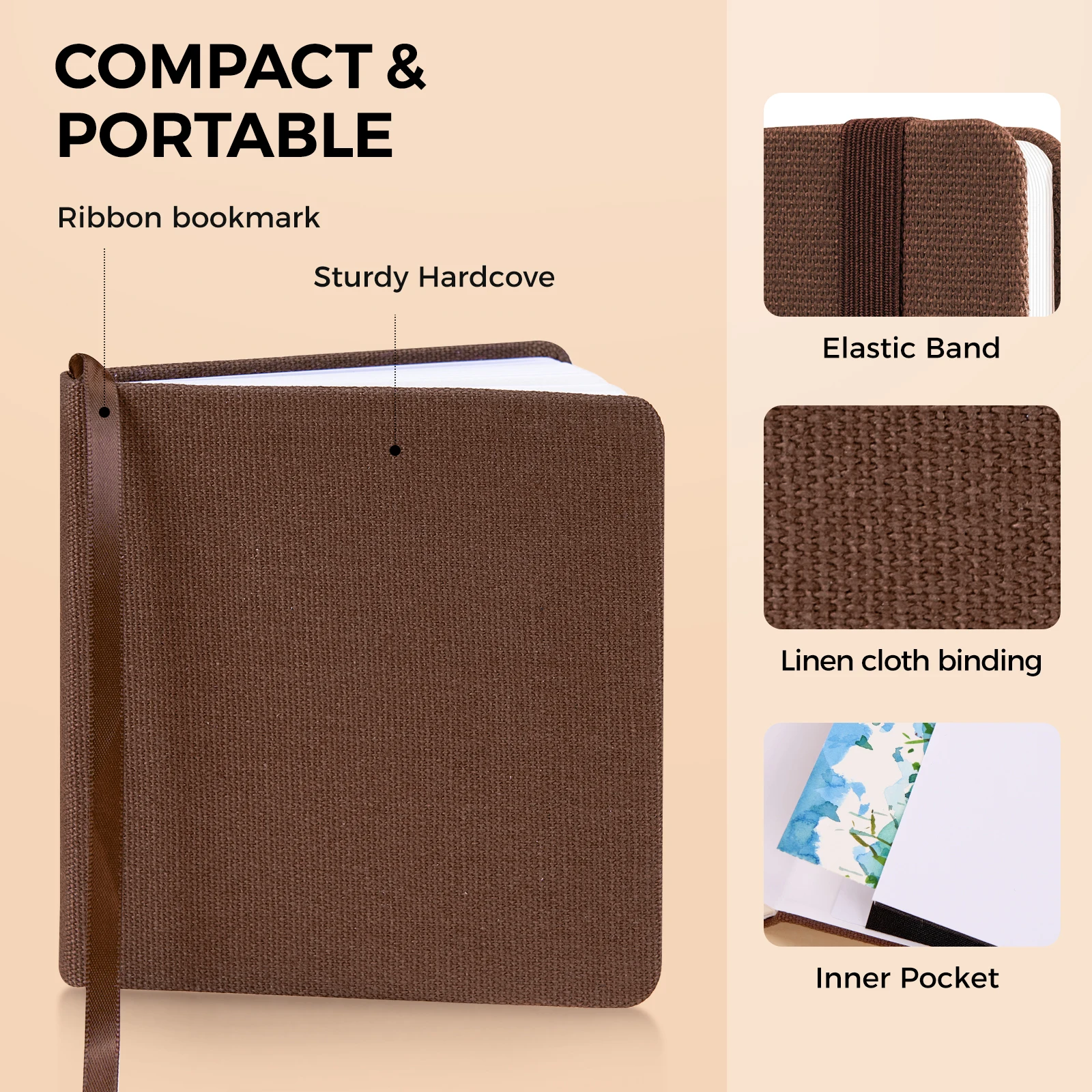 Dziennik akwarelowy - papier 100% bawełna, tłoczony na zimno |   20 kartek 40 stron |   300 g/m² |   Szkicownik akwarelowy z okładką z lnu i bawełny