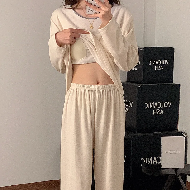 Ladies' Long Sleeve Sheep Cashmere Sleepwear Set with Chest Pad Autumn Winter Home Leisure Style Warmth Maintaining Clothing