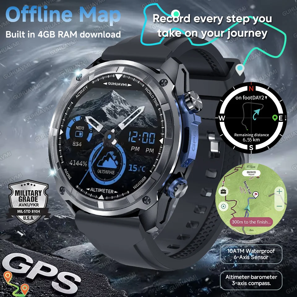 2025 New Offline Map expedition Smart Watch 4GB Built-in Dual-Band GPS 3-axis compass 10ATM Waterproof 860mAh Battery Altimeter