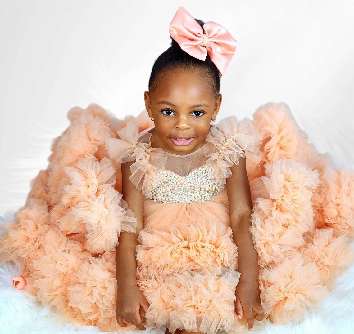 Fuchsia Short Pearls Flower Girl Dresses Baby Girl Tiered Tulle Princess Dress Knee Length Kids Girls Birthday Party Gowns