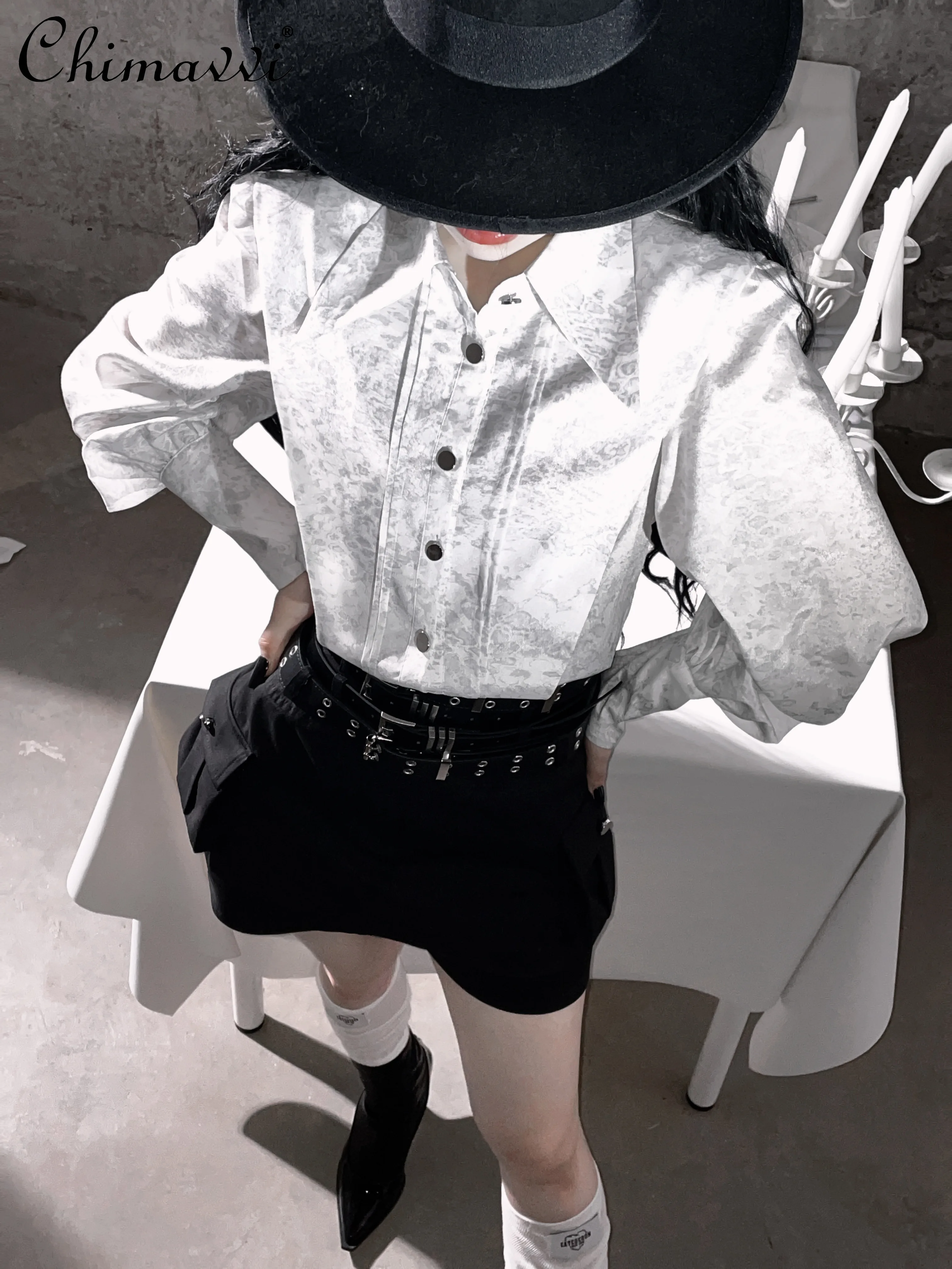 

Gothic Dark Girl Long-sleeved Shirt 2025 Autumn New Punk Shoulder Padded High Waist Short Subculture Shirt Women's Top Camisas