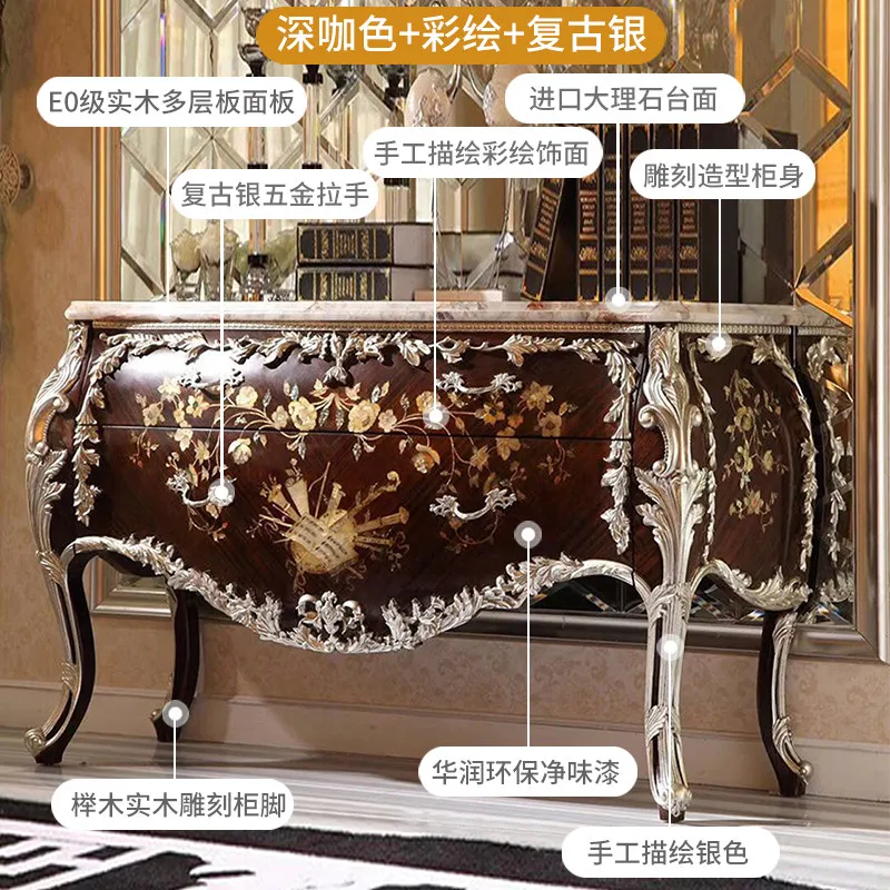 Luxury foyer furniture hand painted porch cabinet villa solid wood carving flower marble storage cabinet