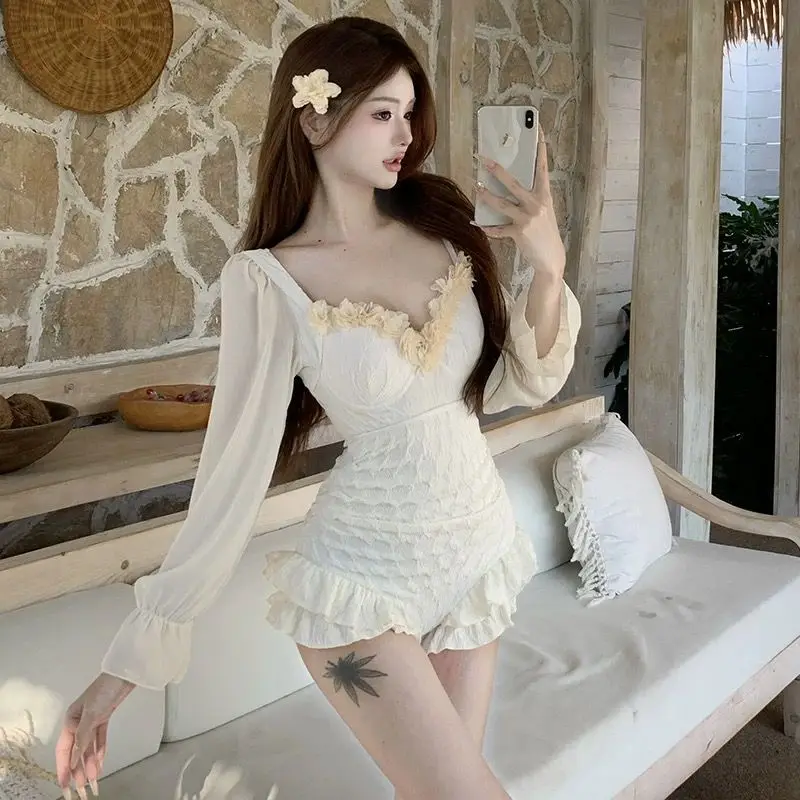 French Elegant Women's One-piece Swimsuit Y2K Long Puff Sleeved Tummy Control Swimming Beachwear Slimming Vacation Bathing Suit