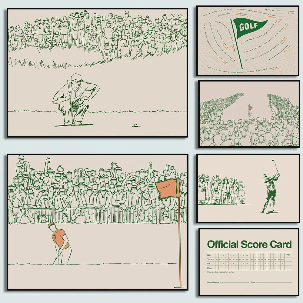 Funny Golf Quotes & Swing Tips Poster Set, Vintage Scorecard & Player Line Art Print, Educational Golf Wall Decor for Office Man