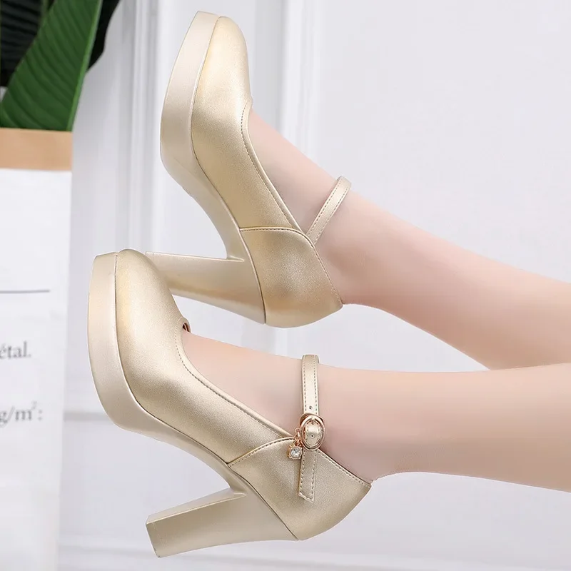 8cm 10cm Small Size 32-43 Elegant Shallow Silver Wedding Shoes Platform Pumps 2025 Block High Heels Shoes Leather for Office
