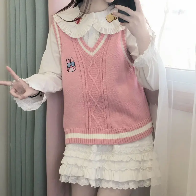 Sanrio Cinnamoroll Knitted Vest Kawaii Anime Kuromi Spring Autumn Warm Student Jk Sweater Pom Pom Purin Cartoon Cute Girls Tops