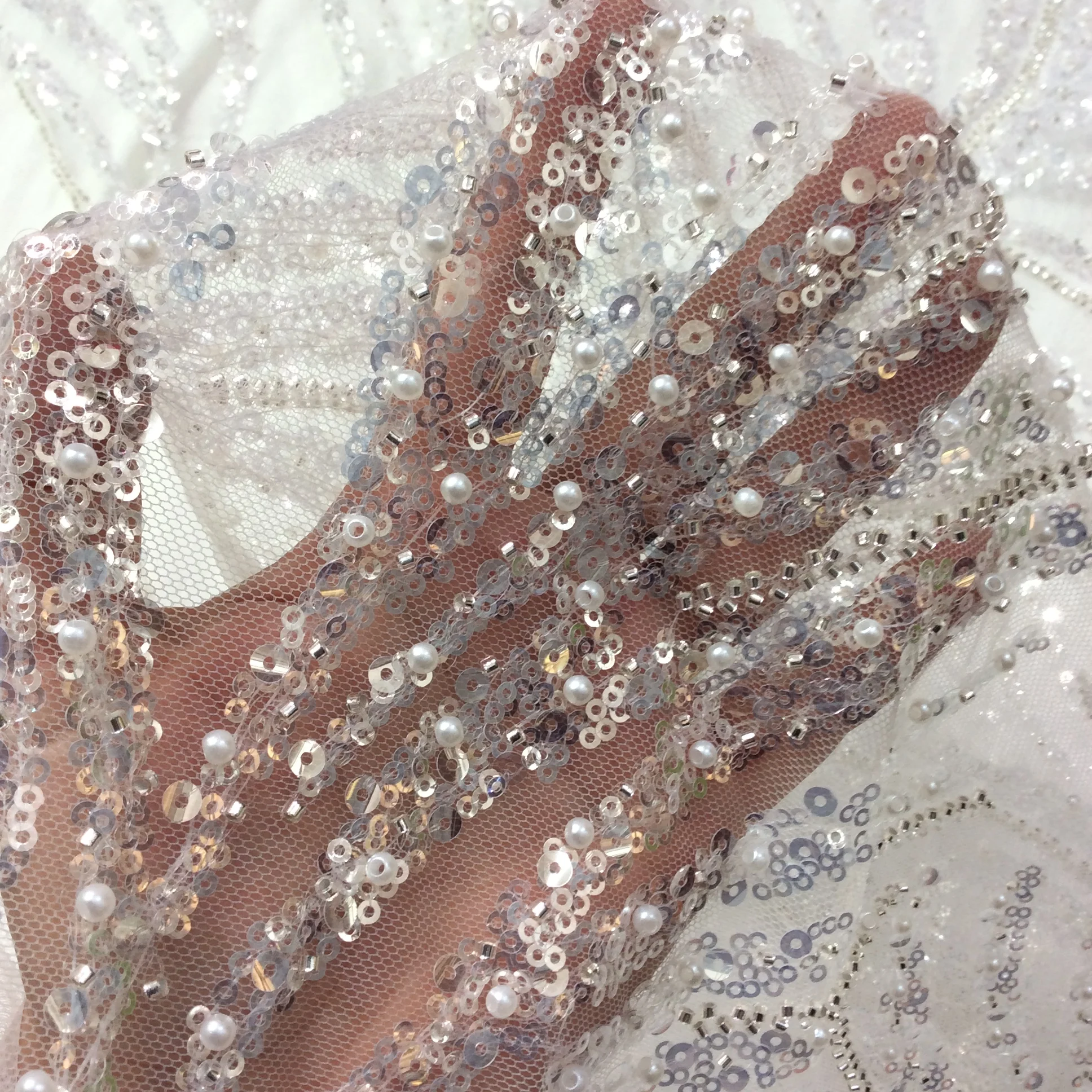 130cm Wide 1yard Sparkly Silvery Lace Fabric Beaded and Sequins Bridal Wedding Dress Gown DIY Sewing Craft Material 2024 New