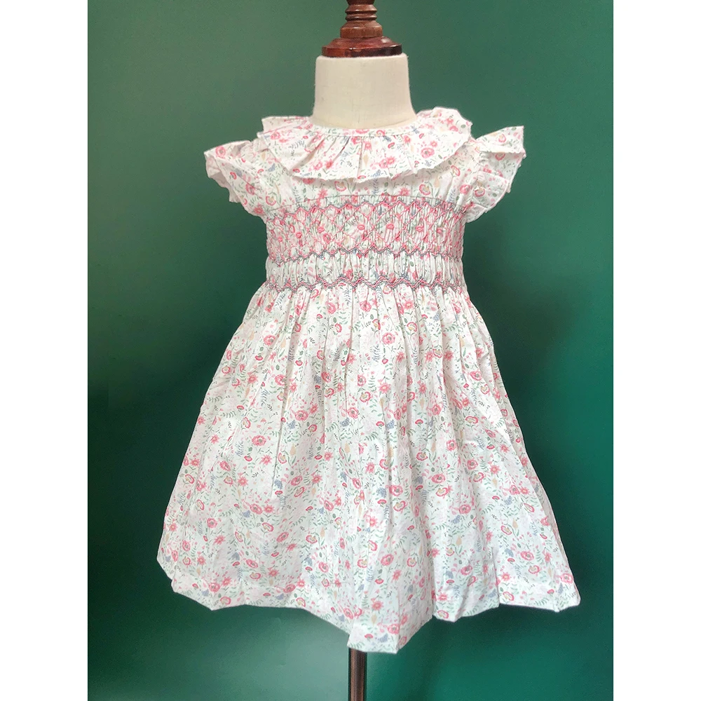 2023 New Summer Girls Handmade Smocking Dress Flying Sleeve Pink Printed Pure Cotton Skirt Cute Outfit Clothing Pure Handwork