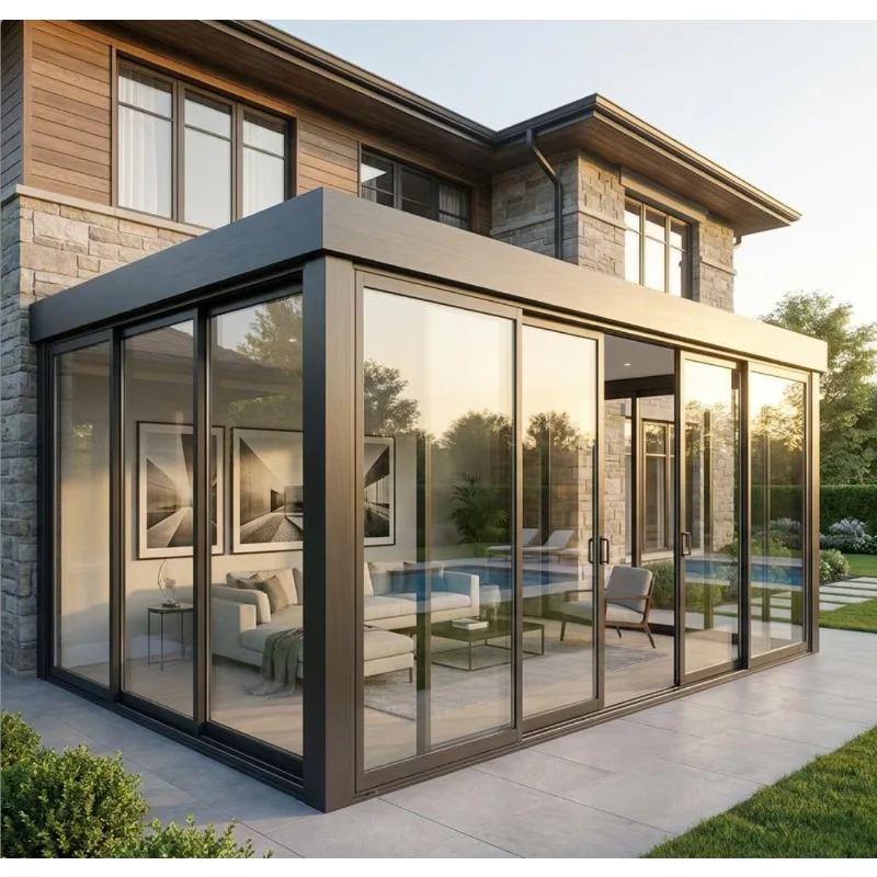 Glass Sunroom Aluminum House Insulated Conservatory Retractable Glass Room with Flat Roof for Outdoor Courtyard Use