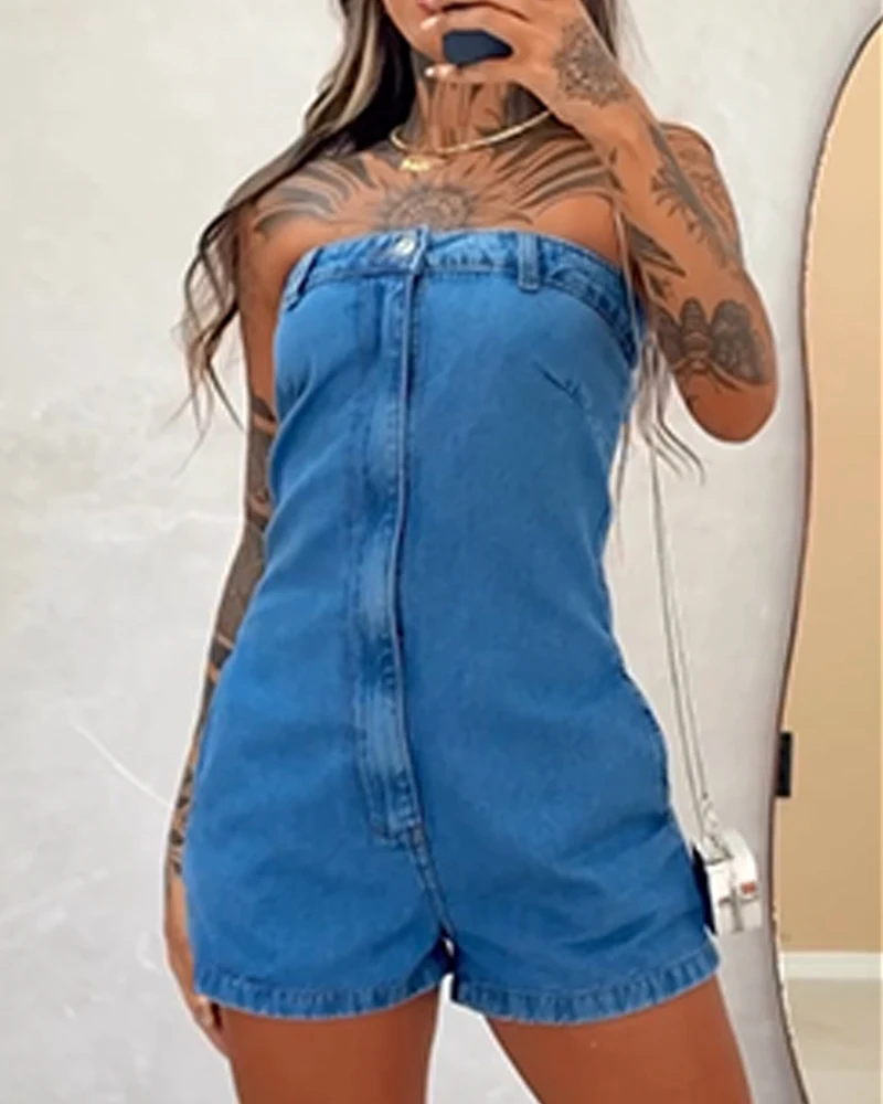 

New Fashion 2025 Summer Sexy Elegant Bandeau Sleeveless Button Design Jean Romper Casual Slim Fit Jumpsuit