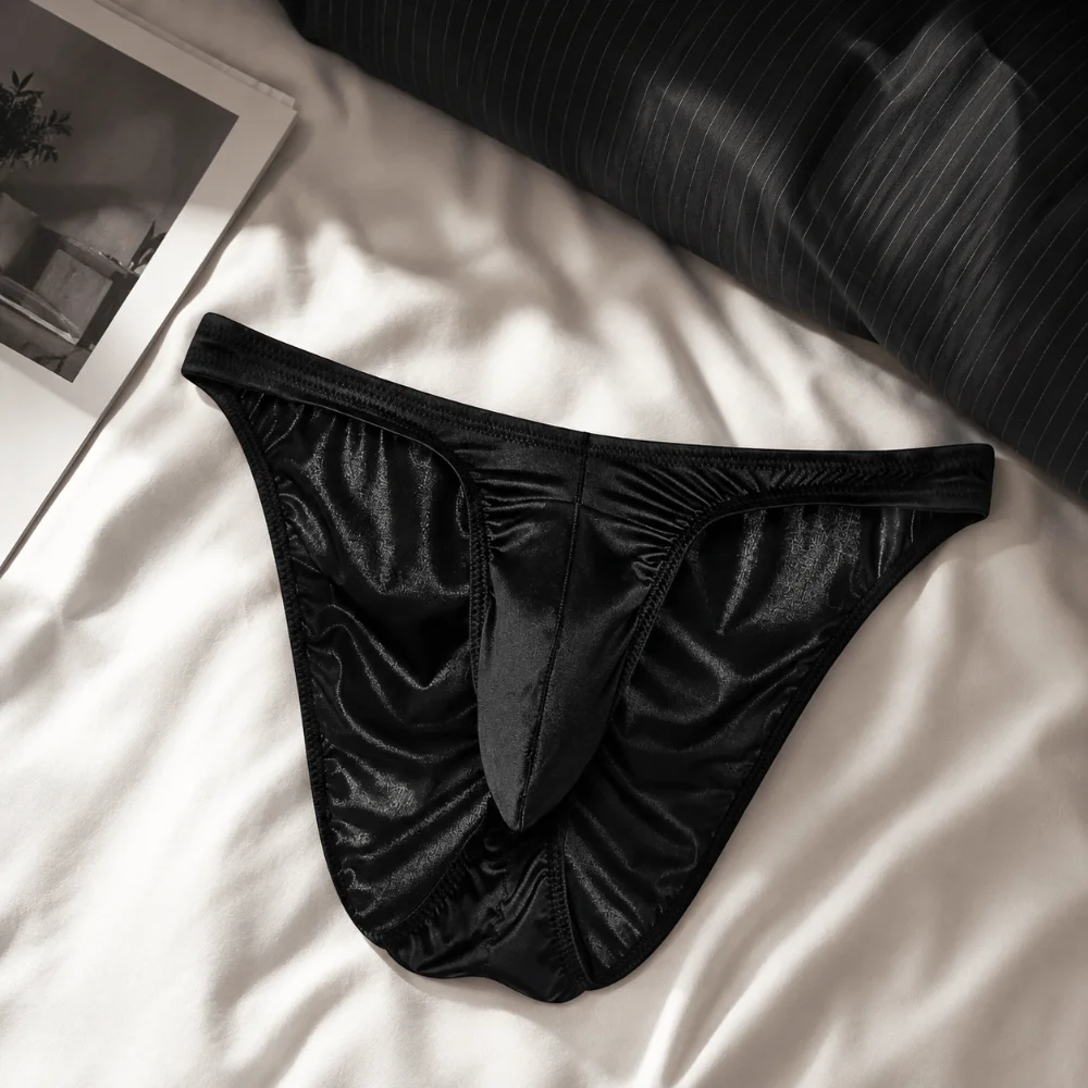Smooth Shiny Bikini Briefs Bulge Pouch Low Waist Satin Silk Briefs Lingerie Ice Silk Male Triangle Panties Men