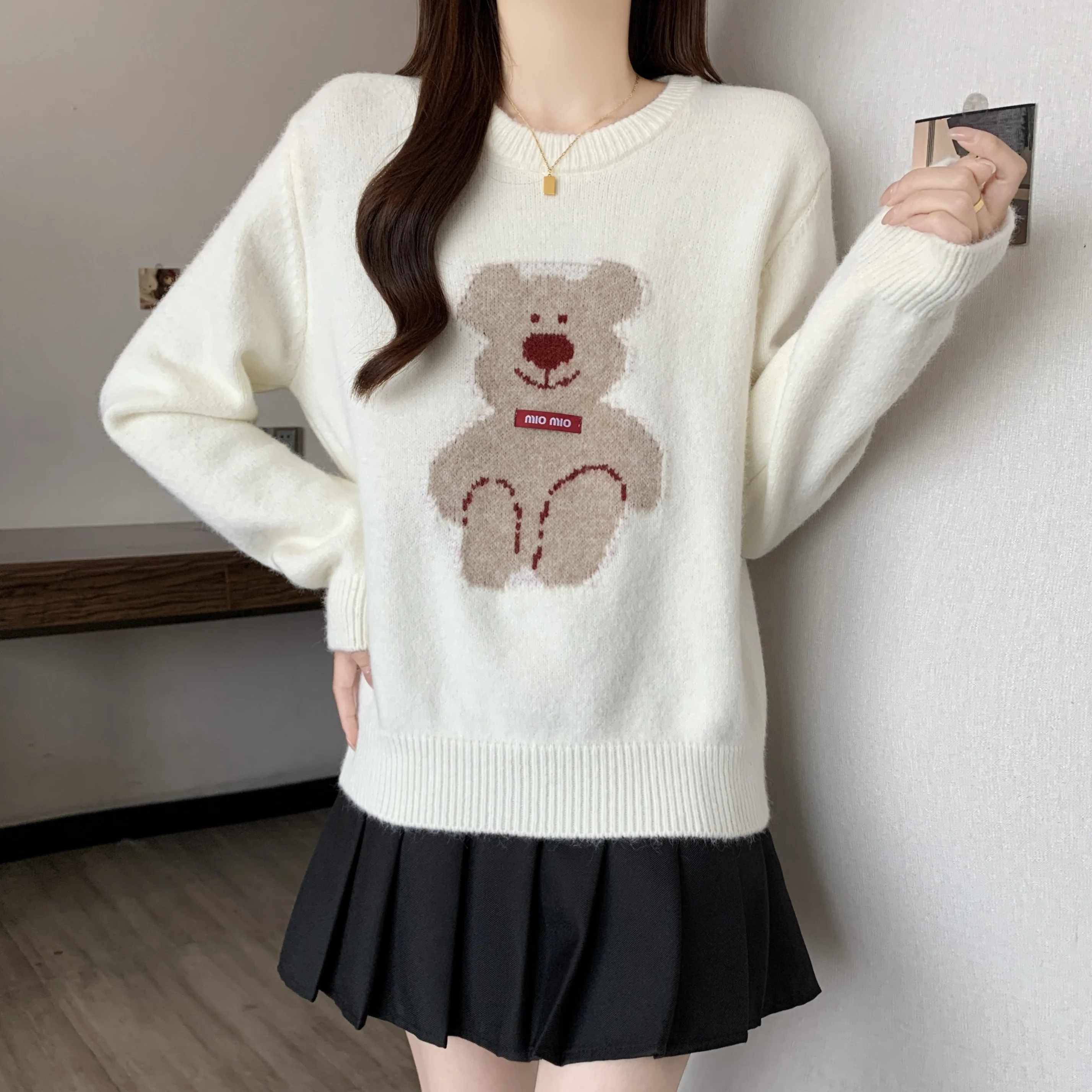 

Women's Fashion Cartoon Bear Jacquard Wool Knitted Sweater Spring Autumn O-Neck Long Sleeve Loose Pullover Cute Versatile Tops