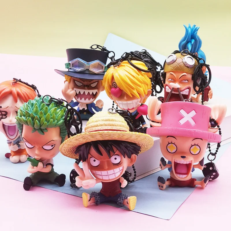 One Piece Anime Keychain, Luffy Sanji Usopp Sabo Chibi Figure Pendant, 3D PVC Keyring for Bag/Car, Cartoon Fans Collectible Gift view 4