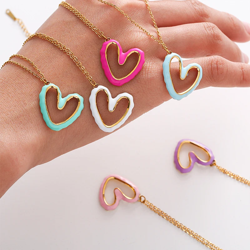 Heart Drop Oil Colorful Hollow Necklace For Women Candy-Colored Love Stainless Steel Pendant Necklace Fashion Jewelry PartyGift