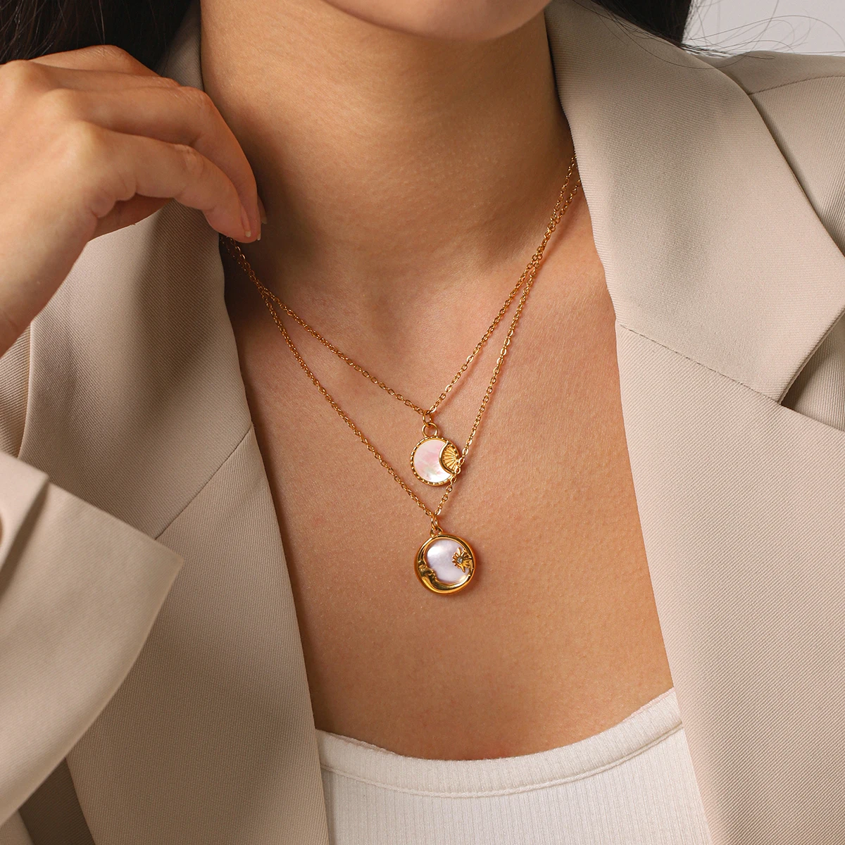 

Gold Plated Mother of Pearl Pendant Necklace For Women Stainless Steel Sun Moon Layered Non Tarnish Daily Wear Jewelry