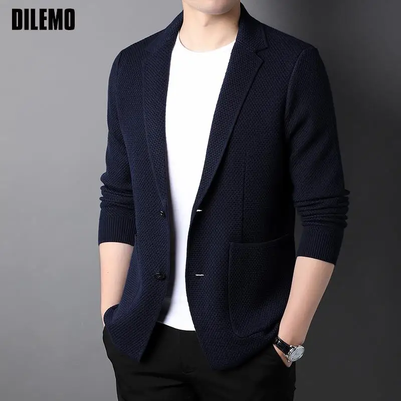 Top Grade Wool 5% New Brand Fashion Knit Korean Style Cardigan Men Slim Fit Solid Sweater Casual Coats Jacket Mens Clothes 2023