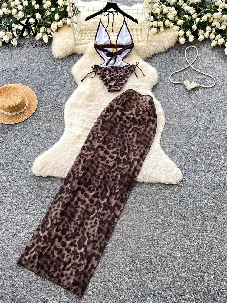 Leopard Sexy Beach Set Women Lace Up Backless Bodysuit+Metal Button High Slit Skirt Summer American Holiday 2Pcs Sets