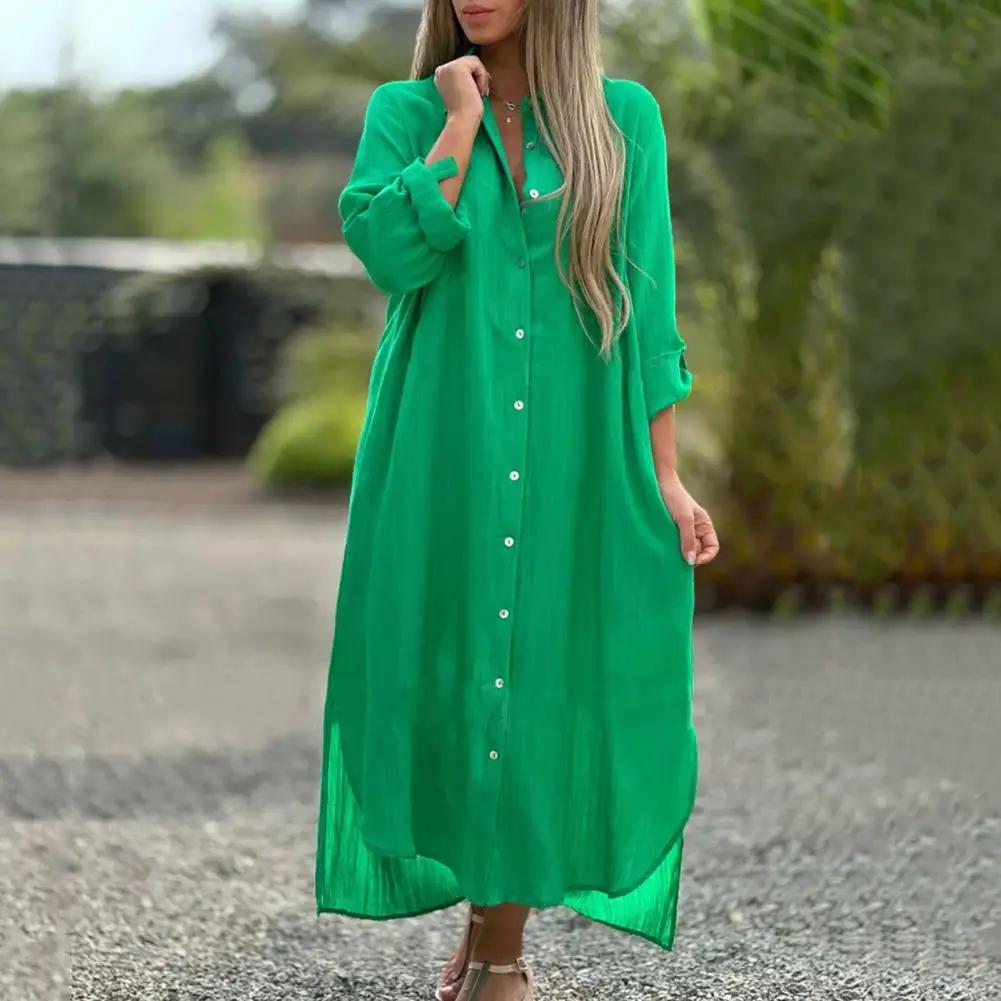 Vestido maxi feminino com bainha solta, camisa longa com lapela, vestido maxi feminino elegante com cardigã de peito único