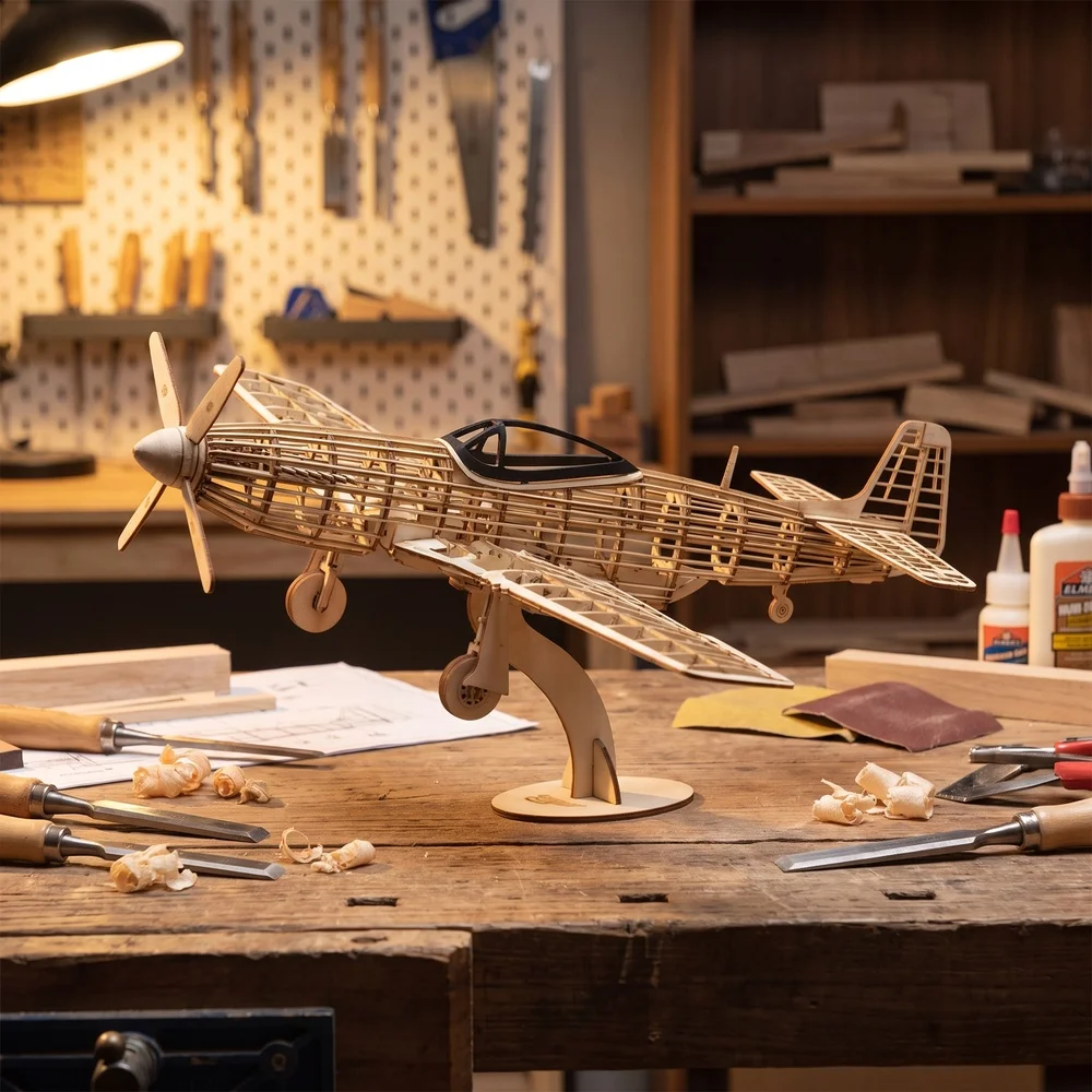 P-51D Mustang Static Balsa Wood Plane Kit 450mm No Electronics DIY Craft Model Hobby Gift with Box