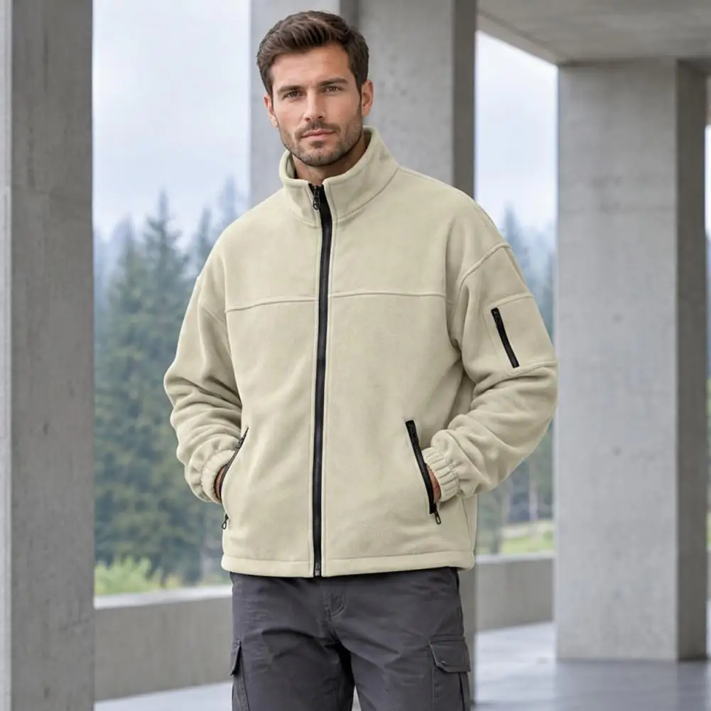 Men Fleece Jacket Coat, Full Zipper Winter Coat with Pockets, Thermal Stand Collar Sweatshirt for Outdoor Cold Weather Hiking