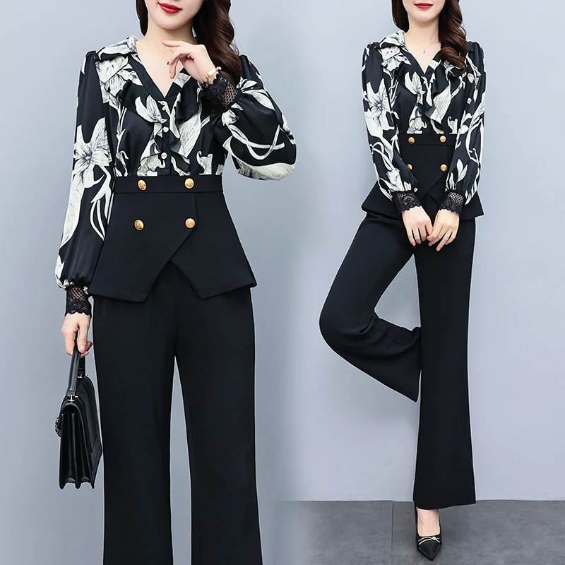 Women Patchwork Print Oversize Pants Sets 2024 New Spring Autumn Clothes Fashion V-Neck Chiffon Slim Female Pantsuits Outfits