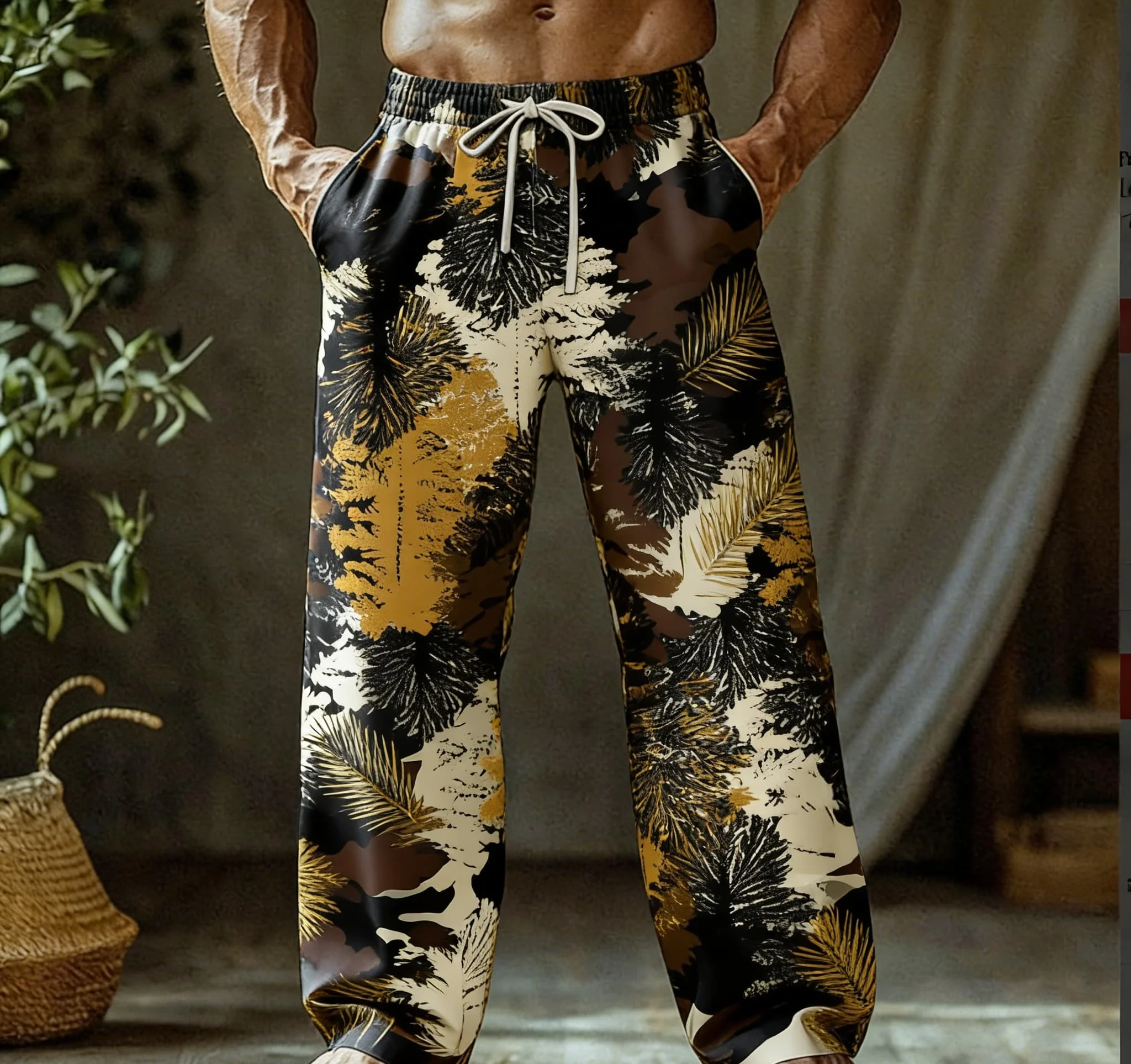Men's Summer Thin Quick-Dry Hawaiian Beach Pants, Orange Camouflage Print Loose Fit Sweatpants