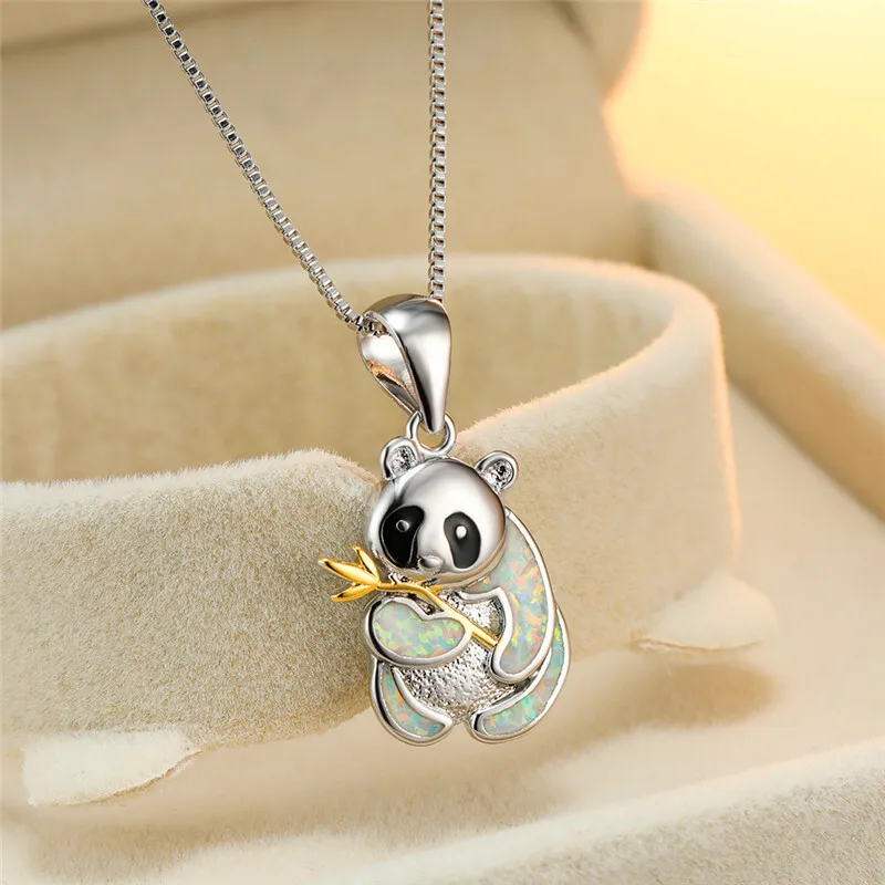 Womens White Simulated Opal Animal Cute Panda Pendant Necklaces White Gold Jewel