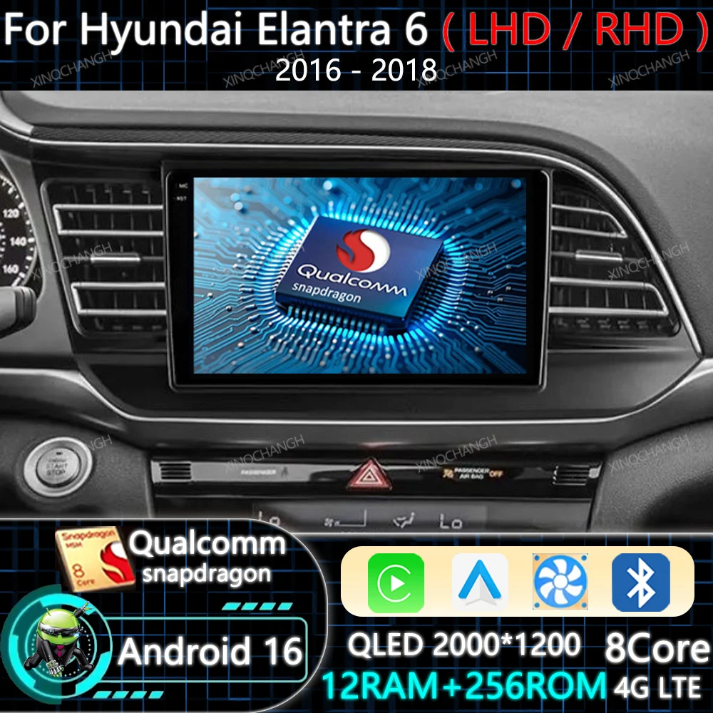 Android 16 Car Radio For Hyundai Elantra 6 2016 2017 - 2018 Multimedia Stereo Video Player 4G LTE 5G WIFI Head Unit 2DIN BT QLED