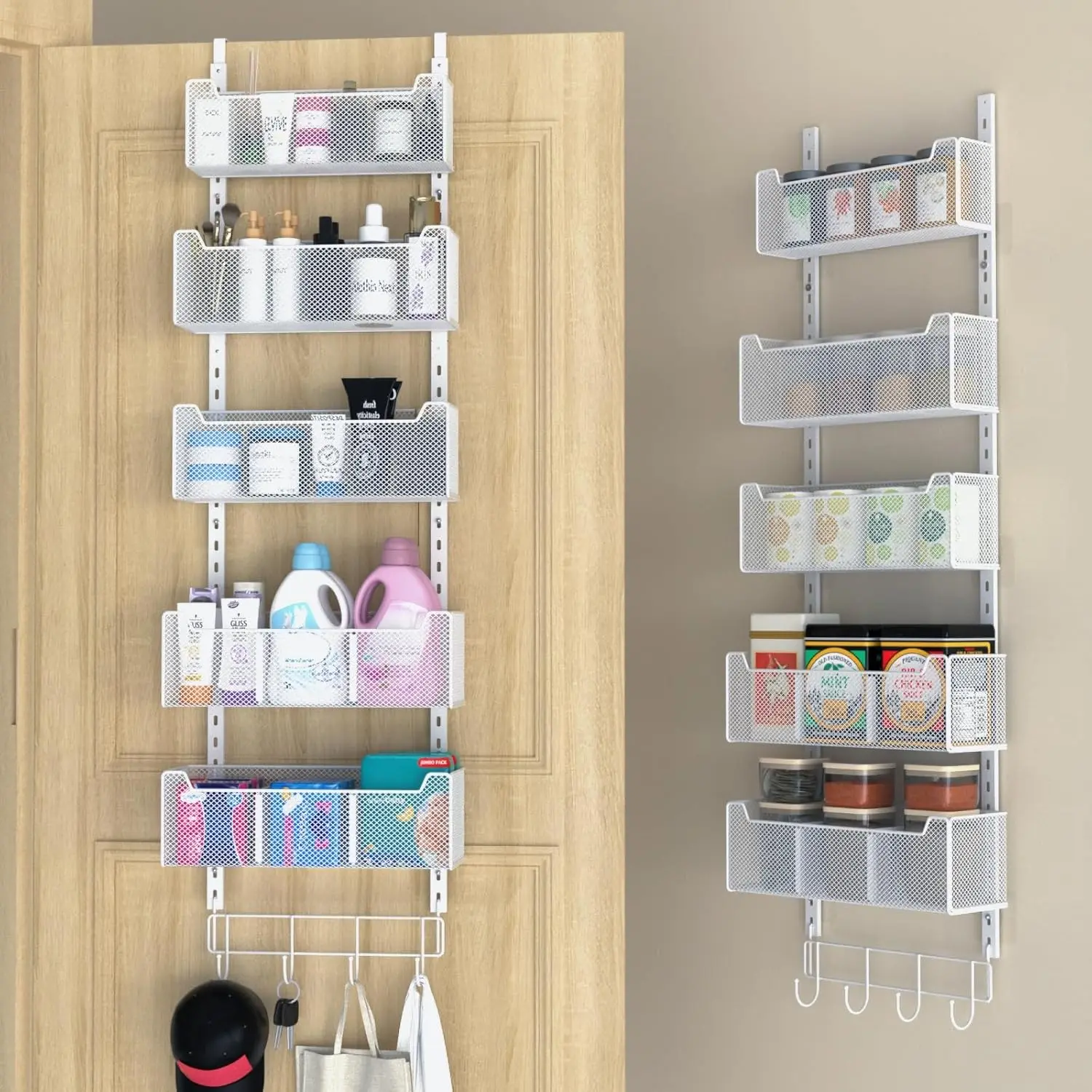 

Over The Door Organizer, Metal Door Organizer Hanging with 5 Adjustable Baskets and Coat Hook, Behind