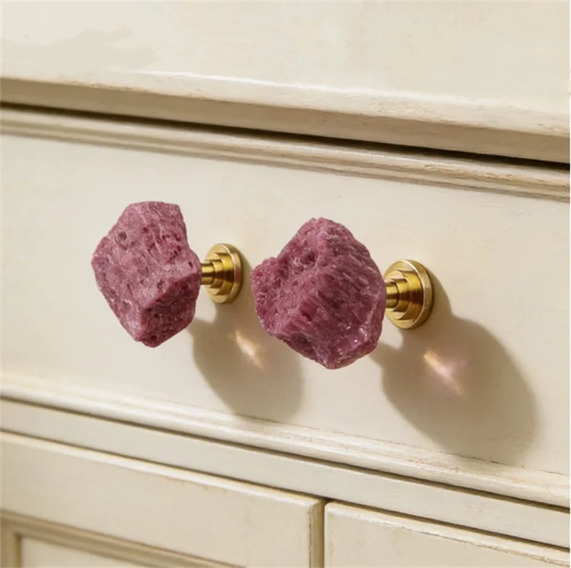 Natural Ruby Crystal Ore Cabinet Handles Drawer Door Knobs Brass Furniture Handle For Kitchen Cupboard Wardrobe Closet Pulls