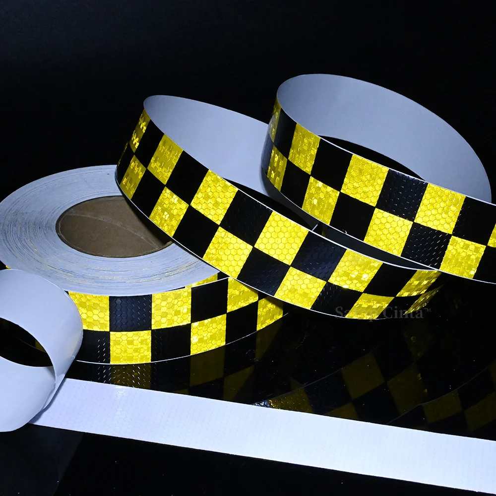 5cmx50m Checkered Reflective Sticker Yellow Black Traffic Safety Waterproof Warning Reflectors Adhesive Tape For Car Truck Trail