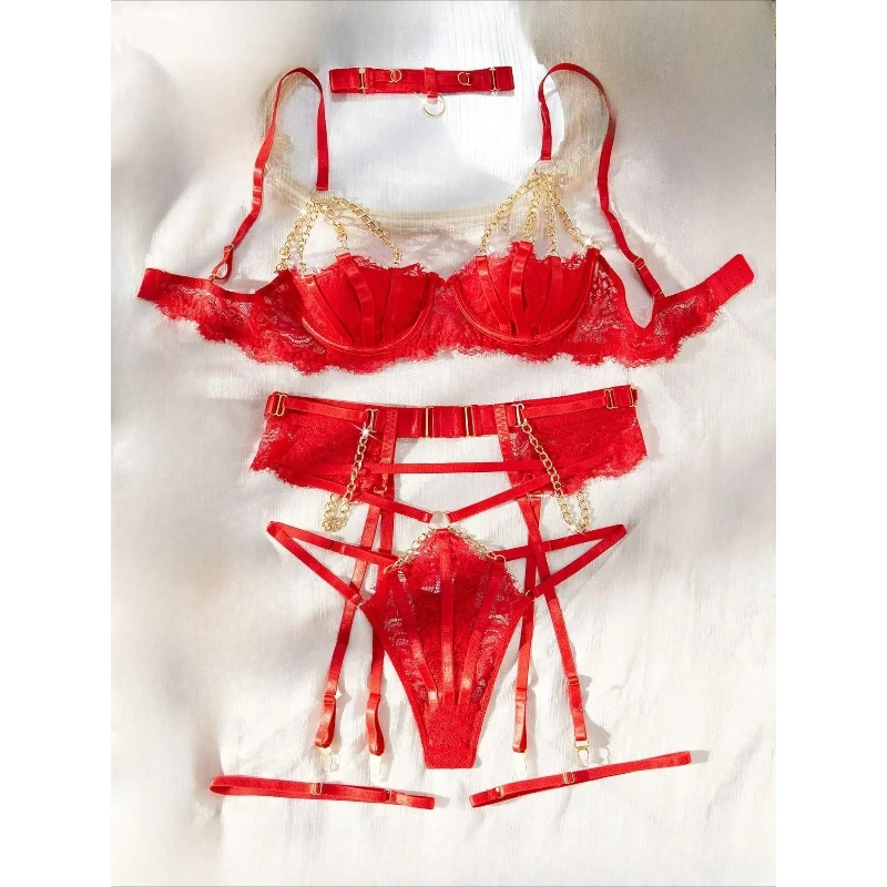 

New Sexy Lace Edge Metal Chain Lingerie Set Spicy Girl Nightclub See Though Outfit Women's Solid Hollow Out Exotic Apparel Suit