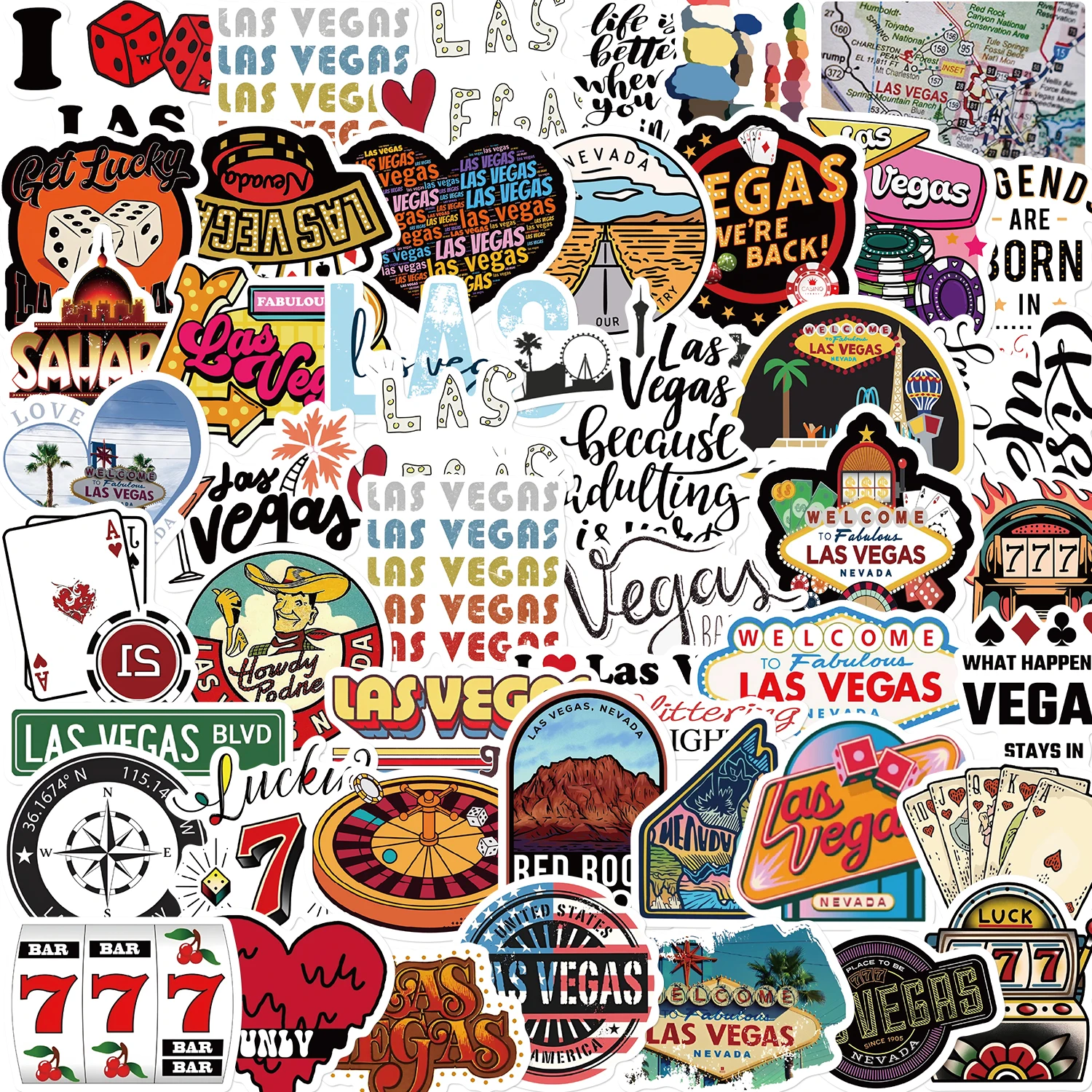 Vintage Las Vegas Adesivos para Decoração, Scarpbook, Skate, Laptop, Caderno, Diário, Desenhos Animados, Graffiti Impermeável, Adesivo DIY, 50pcs