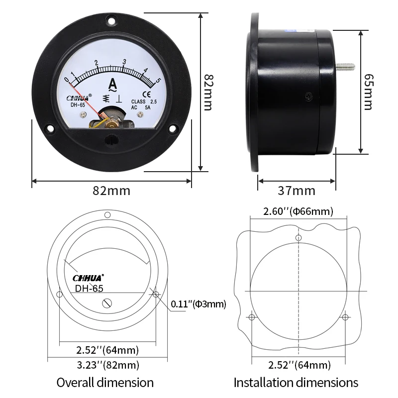 DH-65 SD-65 Analog Ammeter 1A 2A 3A 5A 10A 15A 20A 30A 50A Circular Pointer Meter Panel Meter Current Test Mechanical Meter