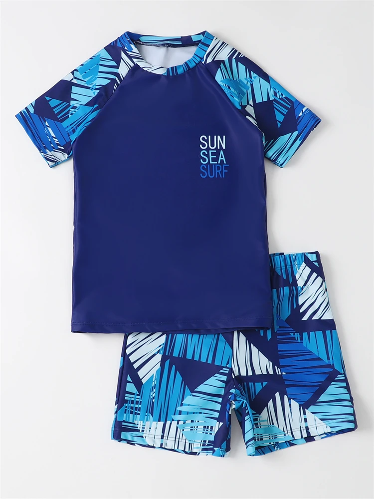 Boy Swimsuit Kids 2024 New Blue Diamond Lattice Short Sleeves Children Swimwear Summer Two Piece Beachwear Bathing Swimming Suit