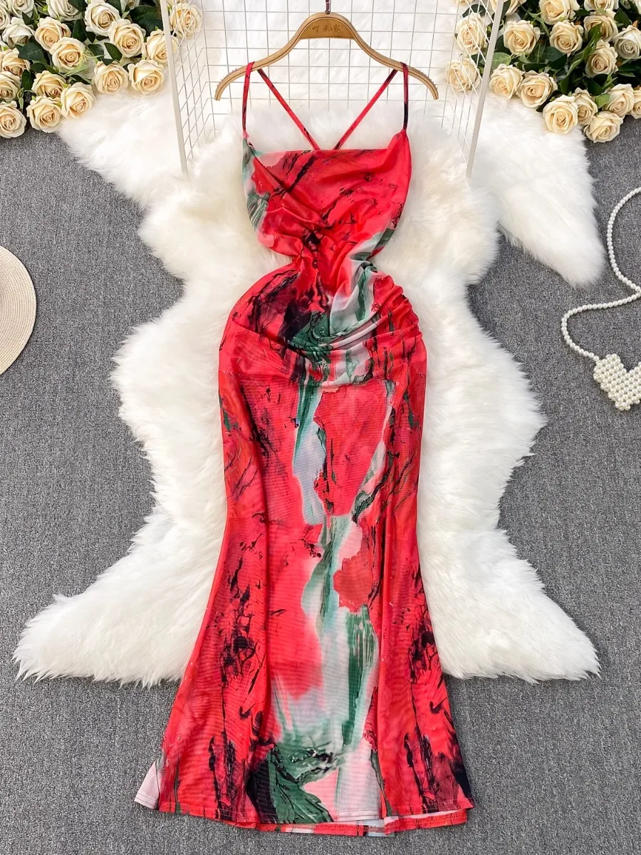 

Foamlina Elegant Sexy Backless Halter Sling Dress Women's Summer New Print Bodycon Long Maxi Dress for Holiday Vacation