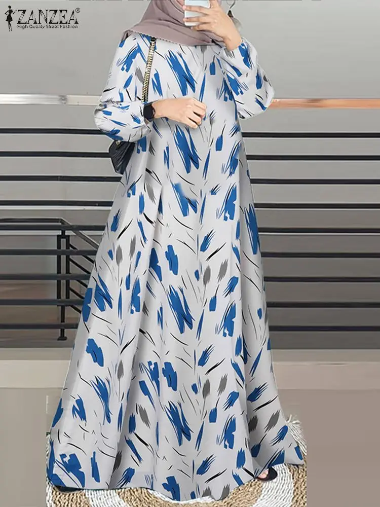 Women Autumn Floral Printed Long Dress ZANZEA Muslim Abaya Vintage Long Sleeve Dubai Robe Casual O Neck Maxi Vestidos Kaftan