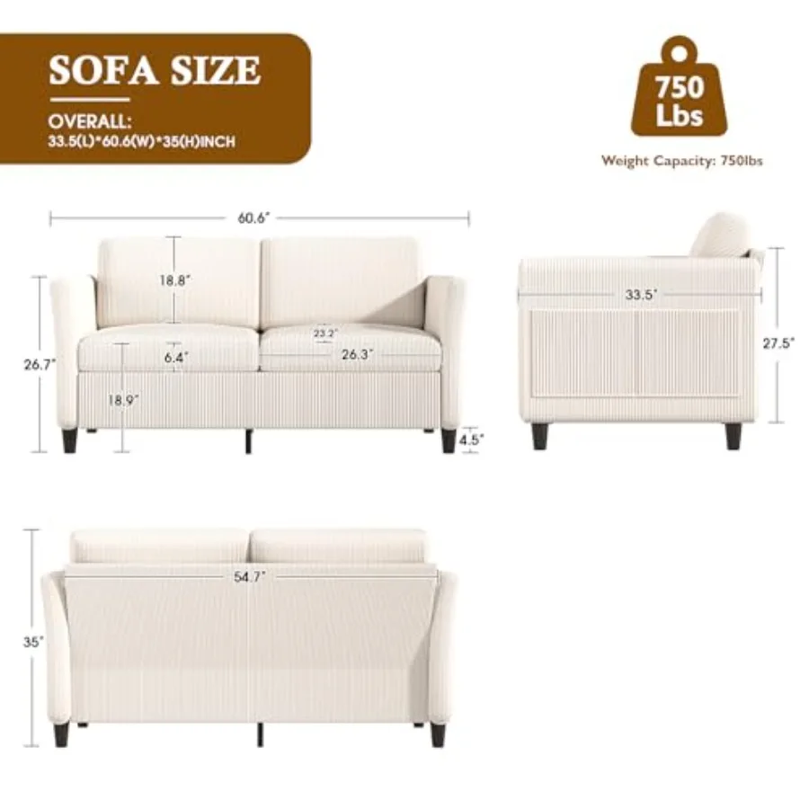 Sofá loveseat de veludo de 60,6 polegadas, moderno, confortável, com bolso lateral, sofá de 2 lugares, para sala de estar, quarto e espaços pequenos