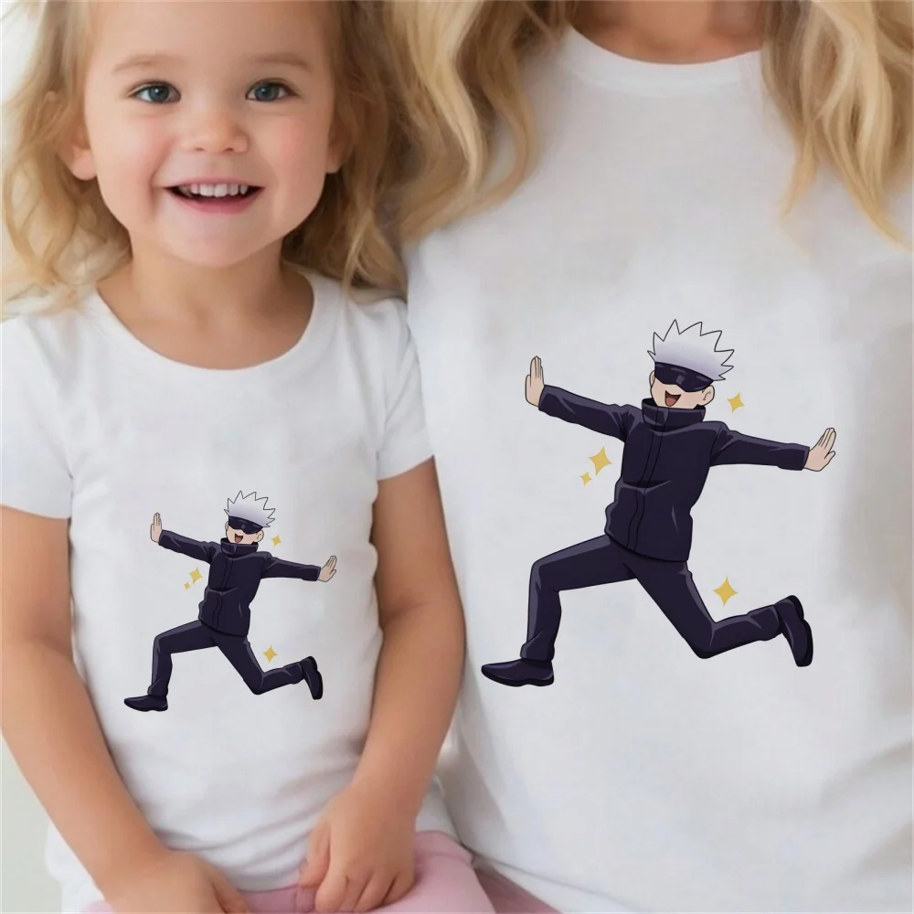 

Футболка с забавным принтом японского аниме, топ с круглым вырезом для мальчиков и девочек, забавный мультяшный рисунок манги ююютсу кайсен годзо Сатору, лето