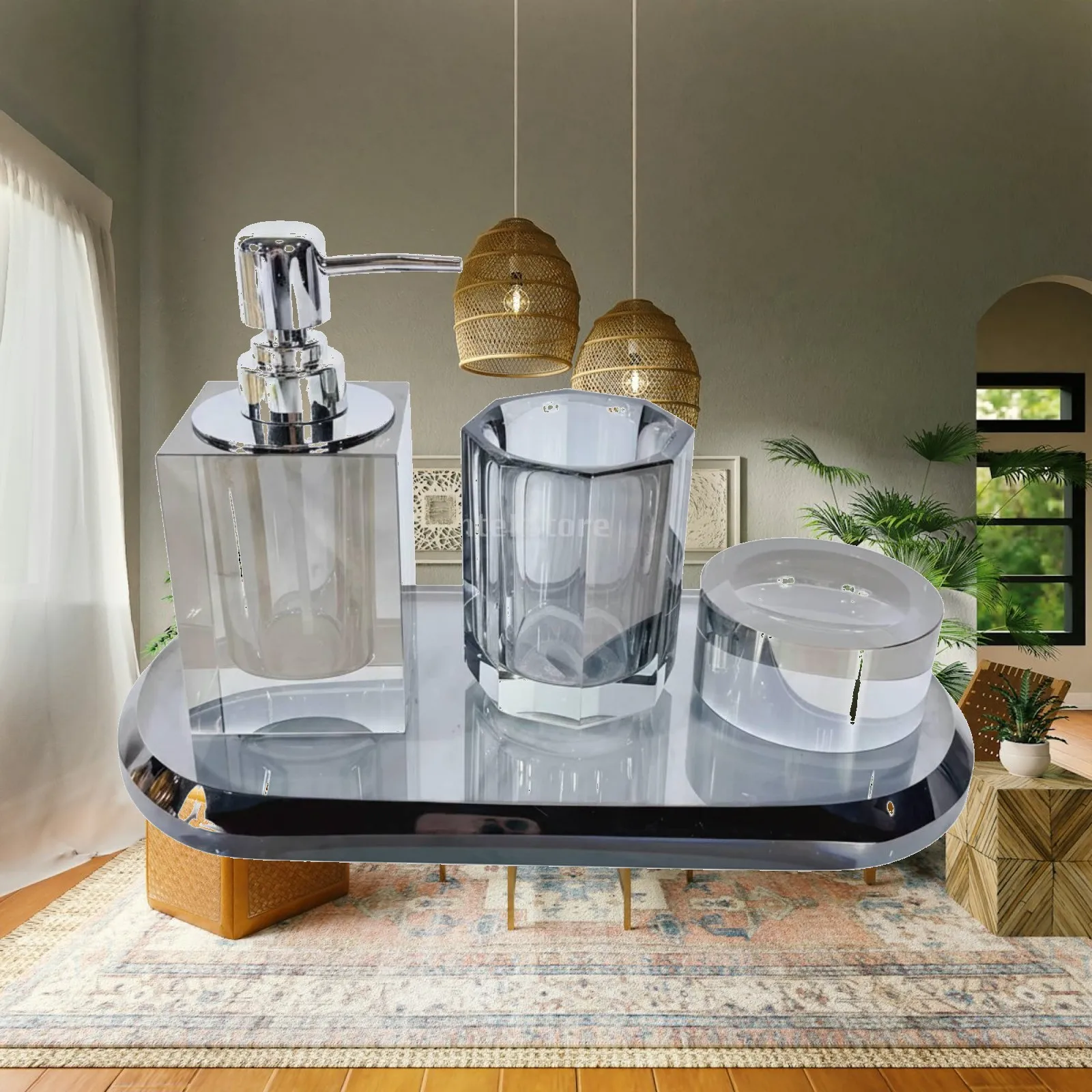 Faceted Glass Soap Dispenser Set with Matching Cup for Bathroom Sink Counter Organization