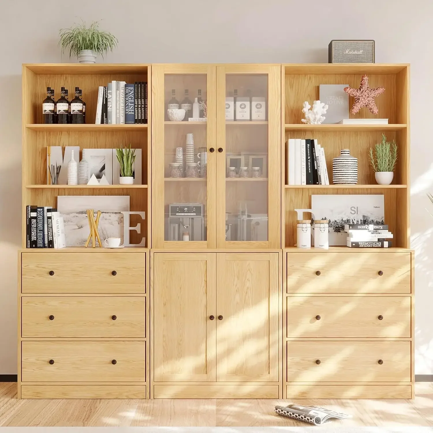 

Vertical File Cabinet, 3-Tier Modern Bookshelf with 3 Large Drawer, Wood Filing Cabinet with Open Storage Shelf, Glass Doors