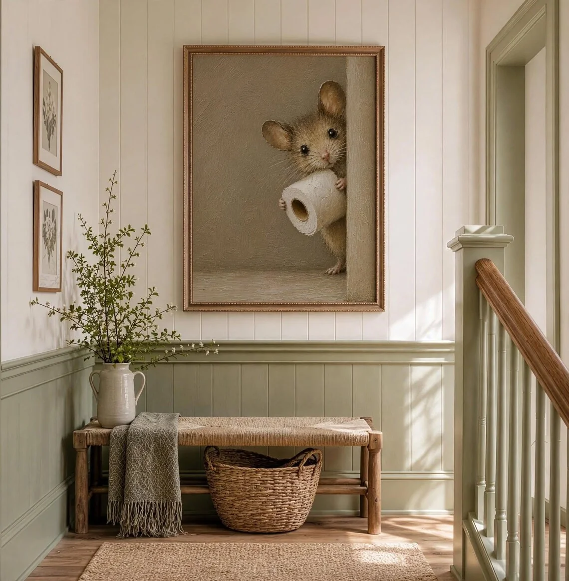 Mouse Bathroom Wall Art Set, Funny Vintage Cottage core Prints, Toilet Paper Decor, Rustic Farmhouse Digital Download