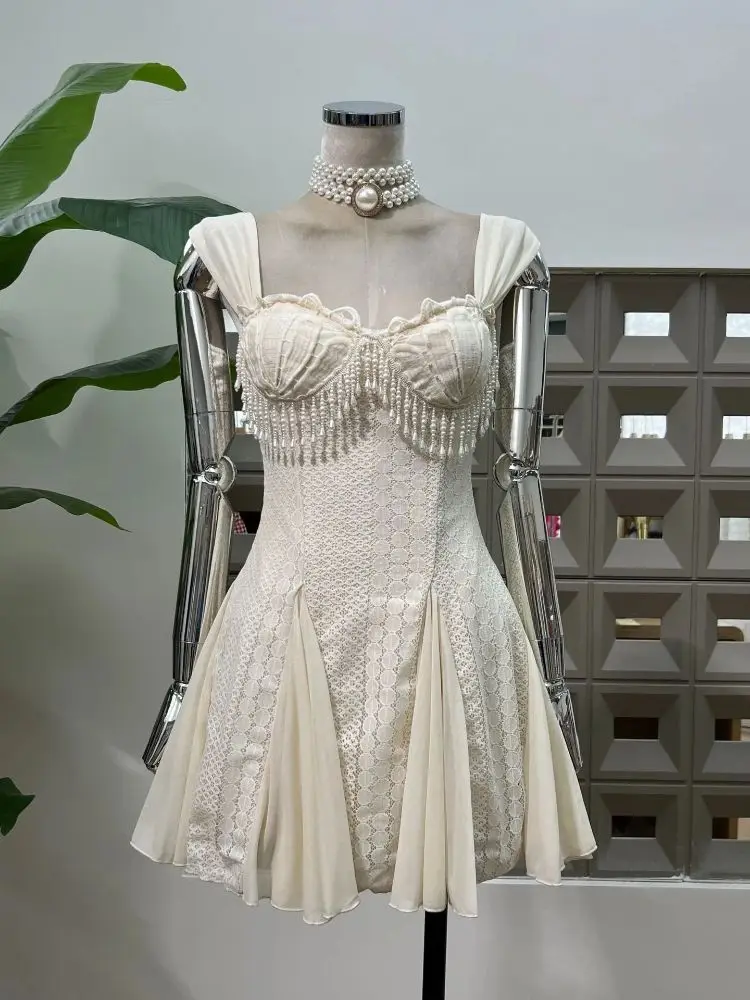 2025 Summer New Sleeveless Pearl Fringe Chain Lace Crochet Bodycon Padded Bust Mini Dress Women Fashion Sexy Party Beach Club