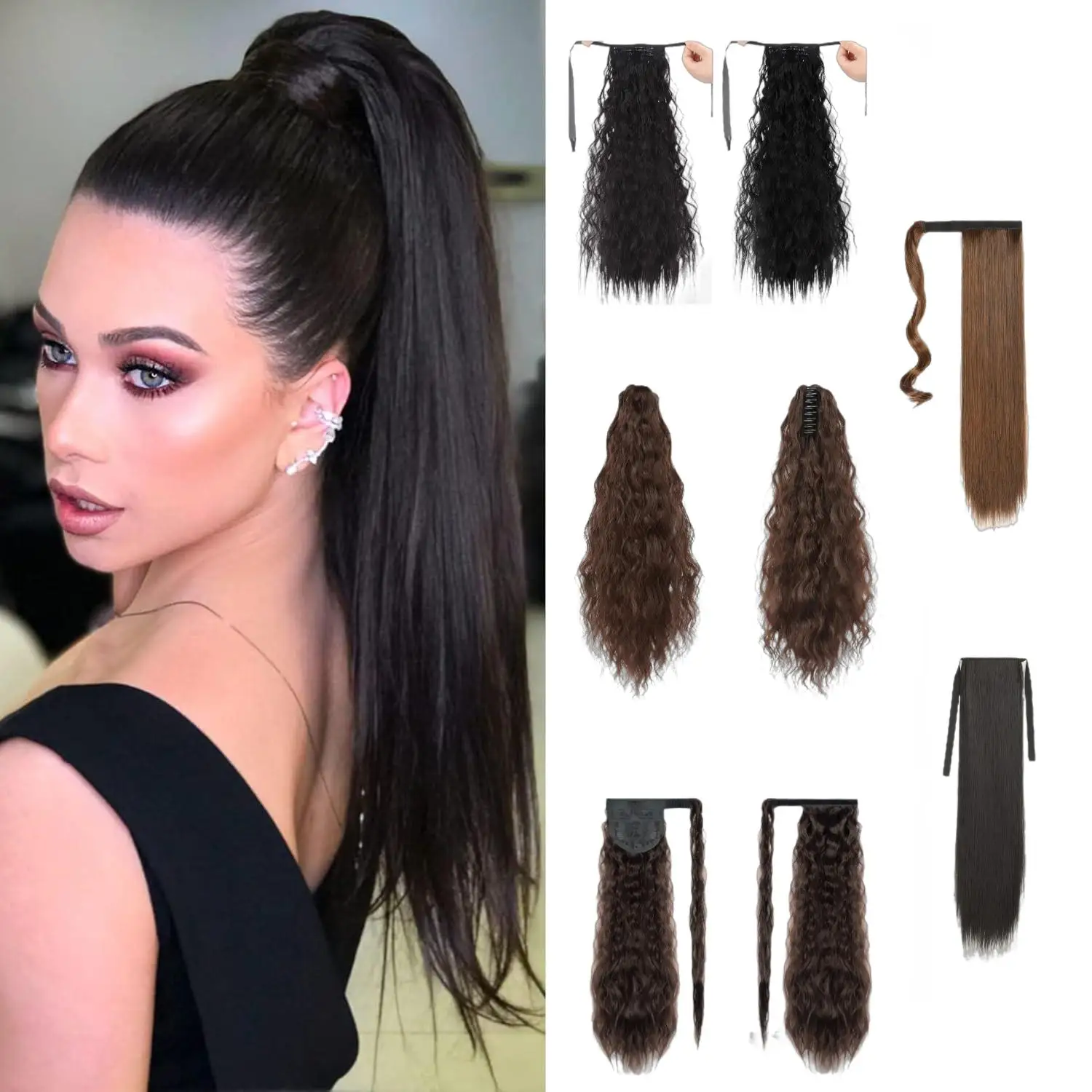 Curly Ponytail Extensions Synthetic Deep Wave Drawstring Ponytail Hair With Clip In Thick Ponytail Hair Natural Black Hairpiece